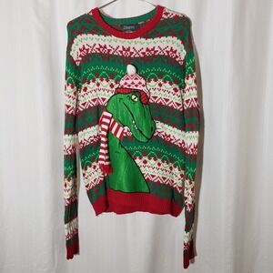 33 Degree Men Sweater Size M Ugly Xmas Dinosaur Dino T Rex Pullover Red Green